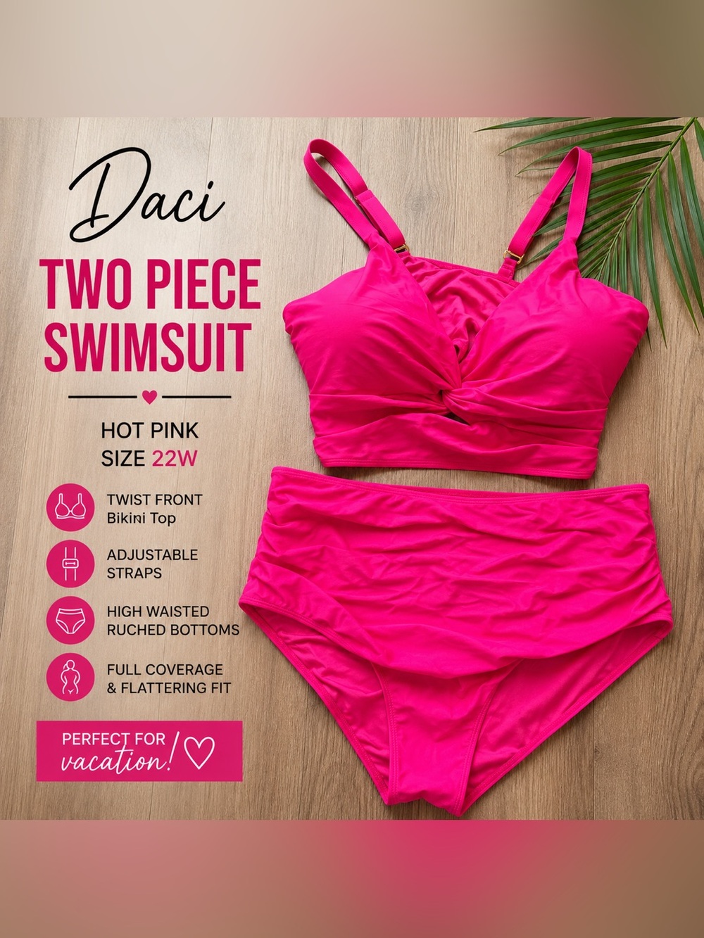 Daci Hot Pink Two Piece Swimsuit High Waisted Ruched Bikini Plus Size 22W